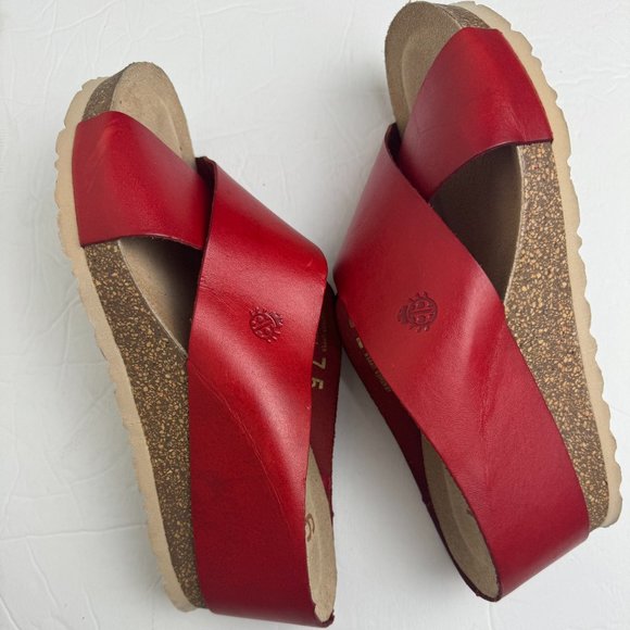 Yokono Shoes - Yokono Criss Cross Cork Wedge Leather Slip On Sandal Red Size 7.5
